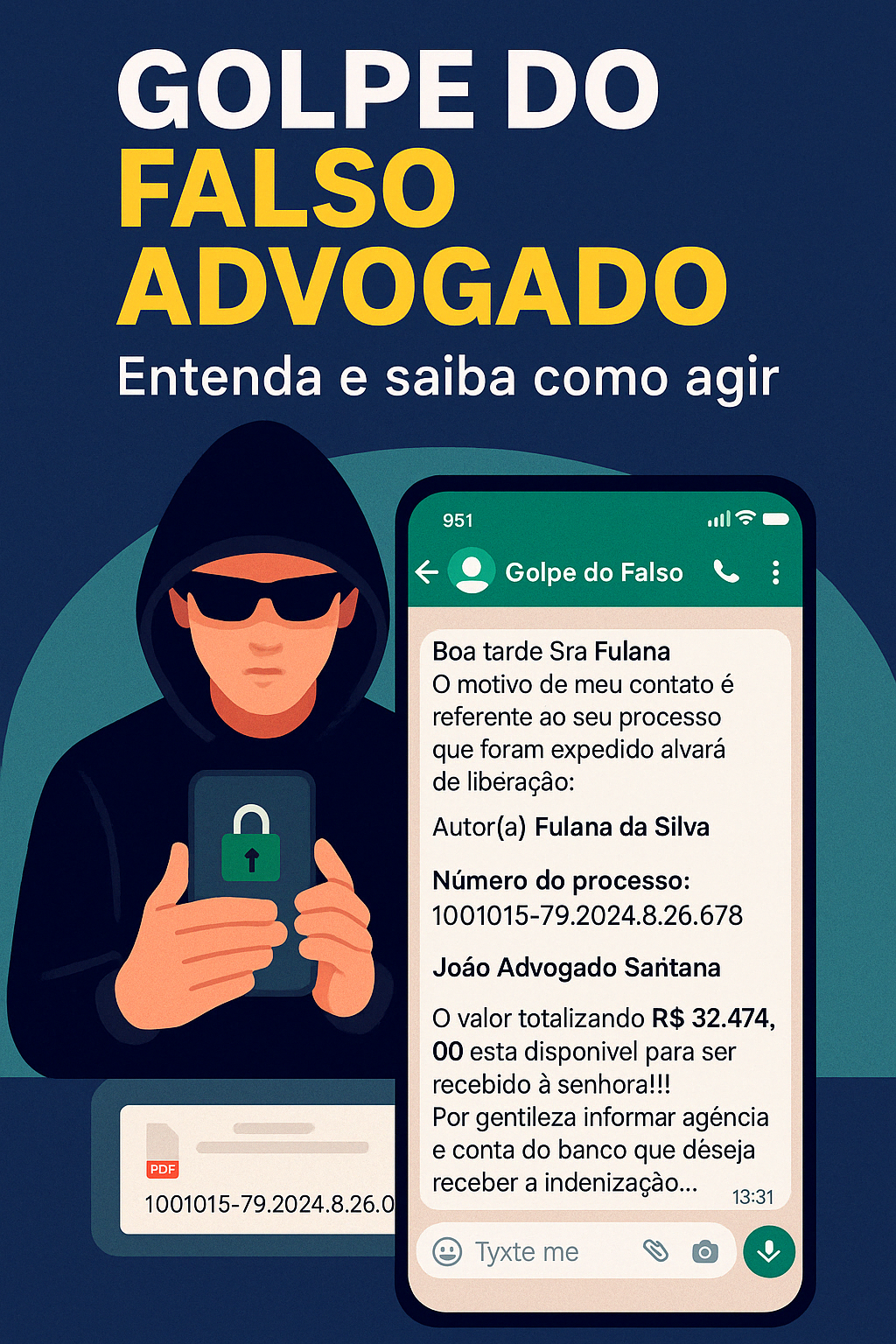Conversa de WhatsApp simulando golpe do falso advogado com pedido de custas processuais.